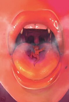 1boy 1girl 2022 artist_name brown_hair close-up commentary english_commentary full_body giant giantess glasses heavy_breathing highres mini_person miniboy mouth_focus muted_color onkinky open_mouth original pants piercing pink_lips red_shirt saliva shirt shoes short_hair simple_background size_difference struggling teeth thick_lips tongue turtleneck upper_teeth_only uvula vore