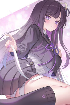 1girl ahoge black_hair black_shirt black_skirt black_socks blush breasts chitose_(stella_sora) colored_inner_hair commentary_request highres large_breasts layered_shirt long_hair looking_at_viewer madopen multicolored_hair pleated_skirt purple_eyes purple_hair shirt side_ponytail skirt socks solo stella_sora white_shirt