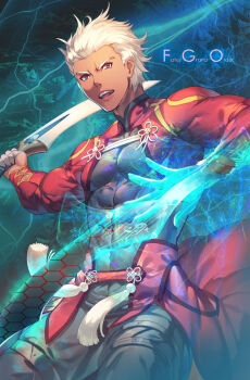 1boy archer_(fate) archer_(third_ascension)_(fate) armor commentary_request copyright_name cowboy_shot dark-skinned_male dark_skin dual_wielding english_text fate/grand_order fate_(series) fighting_stance flower_knot from_below furrowed_brow glowing_hands grey_eyes hexagon holding jacket kanshou_&amp;_bakuya_(fate) lightning looking_away magic male_focus mandarin_collar muscular open_mouth red_jacket serious solo spiked_hair summoning tassel thigh_strap waist_cape white_hair yoshimoto_(dear_life)