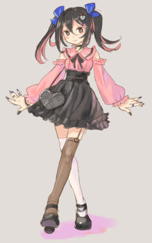 1girl black_hair black_nails brown_eyes commentary_request crossed_legs fingernails full_body high-waist_skirt jirai_kei katahira_masashi long_fingernails long_hair looking_at_viewer mismatched_thighhighs multicolored_hair original pink_eyes sketch skirt smile solo thighhighs twintails two-tone_hair