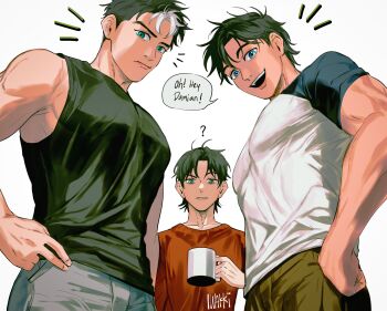 3boys ? absurdres artist_name bara batman_(series) black_hair black_shirt black_tank_top blue_eyes brothers brown_pants closed_mouth cup dc_comics dick_grayson english_text green_eyes grey_pants highres holding holding_cup iwakki jason_todd large_pectorals male_focus multicolored_hair multiple_boys muscular muscular_male open_mouth pants pectorals red_sweater shirt short_hair siblings smile speech_bubble sweater tank_top tim_drake two-tone_hair two-tone_shirt white_hair white_shirt