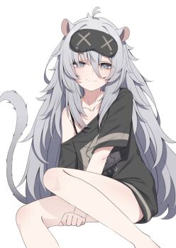1girl ahoge animal_ears bare_legs blindfold bra_strap clauvio_(vtuber) closed_mouth clothes_writing collarbone commentary english_commentary grey_eyes grey_hair hair_between_eyes highres indie_virtual_youtuber long_hair long_hair_between_eyes looking_at_viewer mask mask_on_head mouse_ears mouse_girl mouse_tail oversized_clothes oversized_shirt print_shirt shirt short_sleeves simple_background sitting sleep_mask smile solo t-shirt tail valefal_coneri very_long_hair virtual_youtuber white_background