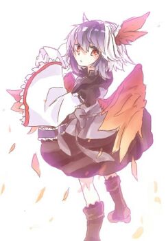 1girl black_dress book boots brown_boots closed_mouth commentary_request dress expressionless feathered_wings full_body grey_hair head_wings holding holding_book horns long_sleeves looking_at_viewer looking_back multicolored_hair one-hour_drawing_challenge open_book orange_eyes orange_wings shinjitsu_no_kuchi short_hair simple_background solo standing tokiko_(touhou) touhou two-tone_hair white_background white_hair white_horns white_sleeves wings