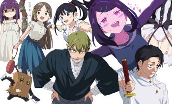 2boys 5girls armpit_peek bag bagboo_(zenless_zone_zero) bangboo_(zenless_zone_zero) bare_shoulders black_eyes black_hair blue_skirt blunt_bangs brown_hair buttons cameltoe character_request constricted_pupils copyright_request double-parted_bangs dress ear_piercing eyelashes fingernails forehead gesugao green_eyes green_hair hair_between_eyes hands_on_own_hips highres holding holding_bag holding_knife holding_sword holding_weapon japanese_clothes jujutsu_kaisen katana knife leaning_forward long_hair long_skirt long_sleeves looking_ahead looking_at_viewer lower_teeth_only medium_hair momomatang multiple_boys multiple_girls multiple_piercings okkotsu_yuuta open_mouth paint_splatter panties parted_bangs parted_lips piercing pink_eyes purple_eyes purple_hair sanpaku shirt short_hair side_ponytail simple_background single_sidelock skirt smirk straight_hair swept_bangs sword teeth torogao underwear weapon white_background white_dress white_panties white_shirt wide-eyed zen'in_naoya zenless_zone_zero