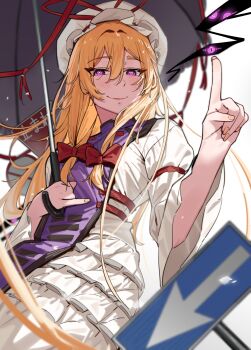 1girl blonde_hair blush closed_mouth commentary_request dress gap_(touhou) hair_between_eyes hair_ribbon hand_up hat highres holding holding_umbrella index_finger_raised long_hair long_sleeves looking_at_viewer mayosizu mob_cap purple_eyes purple_tabard ribbon road_sign sign smile solo tabard touhou umbrella white_background white_dress yakumo_yukari