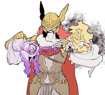1280x720 1boy 1girl 1other alternate_form androgynous armor barefoot blonde_hair brown_dress cape carrying carrying_multiple_people carrying_person colored_tears covered_eyes cowboy_shot dress elden_ring elden_ring:_shadow_of_the_erdtree gold_armor grabbing_another&#039;s_hair grabbing_own_hair helmet helmet_over_eyes highres holding holding_another&#039;s_hair holding_own_hair malenia_blade_of_miquella mechanical_arms miquella_(elden_ring) prosthesis purple_hair purple_liquid red_cape red_hair sleeveless_tunic st._trina_(elden_ring) stroking_hair tunic white_tunic winged_helmet