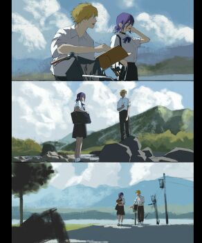 1boy 1girl bicycle black_pants black_skirt blonde_hair blue_sky chainsaw_man cloud cloudy_sky commentary day denji_(chainsaw_man) english_commentary green_eyes hair_bun highres machipachi1901 mountain outdoors pants purple_hair pushing_bicycle reze_(chainsaw_man) shirt short_hair skirt sky standing white_shirt