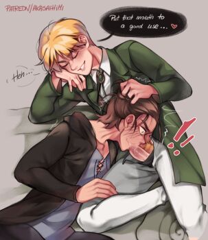 ! !! 2boys akaihimi armin_arlert blonde_hair blonde_pubic_hair blush brown_hair closed_eyes eren_yeager fellatio highres male_focus multiple_boys open_fly oral patreon_username penis_out shingeki_no_kyojin short_hair smile yaoi