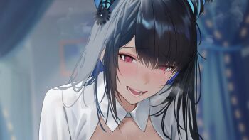 1girl black_hair black_horns blue_hair blurry blurry_background blush breath commentary english_commentary highres hololive hololive_english horns kirachamo mole mole_under_eye multicolored_hair nerissa_ravencroft open_mouth purple_eyes shirt solo two-tone_hair upper_body virtual_youtuber white_shirt