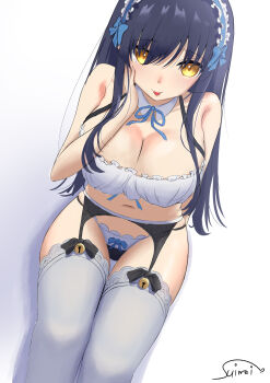Rule 34 | 1girl, :p, absurdres, alternate costume, arm behind back, bare shoulders, bell, black bow, black garter belt, black hair, black panties, blue bow, blue hairband, blue ribbon, bow, bow legwear, bra, breasts, cleavage, closed mouth, commentary, detached collar, dutch angle, eyes visible through hair, feet out of frame, frilled bra, frilled hairband, frilled panties, frills, garter belt, garter straps, hair between eyes, hair bow, hairband, hand on own cheek, hand on own face, hand up, highres, jingle bell, kushima kamome, large breasts, long hair, looking at viewer, navel, neck ribbon, panties, ribbon, shiny skin, sidelocks, signature, simple background, sitting, skindentation, smile, solo, straight hair, suimei (ramebi3), summer pockets, thigh gap, thighhighs, thighs, tongue, tongue out, two-tone panties, underwear, very long hair, white background, white bra, white panties, white thighhighs, yellow eyes