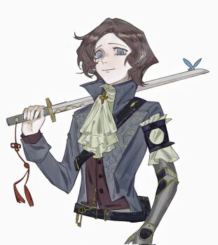 1boy ascot blue_butterfly blue_coat blue_eyes brown_hair bug butterfly chinese_commentary closed_mouth coat commentary_request green_ascot highres holding holding_sword holding_weapon insect lies_of_p liudongxx male_focus mechanical_arms pinocchio_(lies_of_p) prosthesis prosthetic_arm simple_background single_mechanical_arm smile solo standing sword upper_body weapon white_background