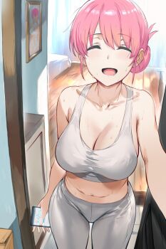 1girl :d ^_^ bare_arms bare_shoulders blush bocchi_the_rock! breasts cellphone cleavage closed_eyes collarbone doorway facing_viewer gotoh_michiyo grey_pants hews highres holding holding_phone indoors large_breasts mature_female midriff navel onlyfans open_mouth pants phone pink_hair pov_doorway sleeveless smartphone smile solo sports_bra sweat thighs white_sports_bra wooden_floor