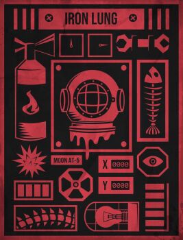 Rule 34 | bleeding, blood, border, commentary, copyright name, diving suit, dripping, eye print, fire extinguisher, fish skeleton, helmet, highres, iron lung (movie), light bulb, limited palette, no humans, object focus, red border, red theme, spine, untranslatable commentary, vector victor v, wrench