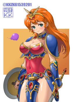 1girl armor artist_name blob blue_collar boobplate breastplate breasts cleavage closed_mouth collar commentary cowboy_shot creature faulds gem gold_hairband green_eyes hair_ornament hairband highres holding holding_shield holding_sword holding_weapon jewelry kkzk61539201 large_breasts leotard long_hair looking_to_the_side lucia_(madura_no_tsubasa) madura_no_tsubasa metal_collar orange_hair pauldrons red_gemstone red_leotard shield shoulder_armor skin_tight smile snake_hair_ornament solo standing strapless strapless_leotard sword thighs twitter_username vambraces weapon