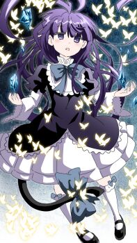 Rule 34 | 1girl, :o, absurdres, black dress, black shoes, blue bow, blue bowtie, bow, bowtie, bug, butterfly, cat tail, commentary, dress, flat chest, floating hair, frederica bernkastel, frilled dress, frilled skirt, frilled sleeves, frilled socks, frills, full body, gothic lolita, gradient background, hands up, highres, hollow (auwd7784), insect, jitome, kakera, kneehighs, layered dress, layered sleeves, light blush, lolita fashion, looking up, mary janes, open mouth, puffy sleeves, purple eyes, purple hair, race bib, shoes, skirt, socks, solo, tail, tail bow, tail ornament, umineko no naku koro ni, white butterfly, white skirt