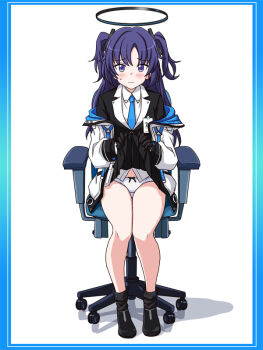 1girl black_gloves black_jacket black_skirt blue_archive blue_necktie blush chair closed_mouth clothes_lift commentary_request commission gloves halo jacket jacket_partially_removed lielos lifting_own_clothes long_hair long_sleeves looking_at_viewer mechanical_halo necktie office_chair panties pixiv_commission purple_eyes purple_hair shirt simple_background sitting skirt skirt_lift solo swivel_chair two-sided_fabric two-sided_jacket two_side_up underwear white_background white_jacket white_panties white_shirt yuuka_(blue_archive)