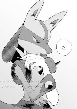 1other absurdres commentary disembodied_arm disembodied_hand facing_to_the_side gen_4_pokemon grey_eyes grey_fur hand_on_another&#039;s_arm heart highres holding_another&#039;s_arm licking_another&#039;s_hand looking_at_another looking_at_hand lucario monochrome nintendo open_mouth pokemon pokemon_(creature) pokemon_focus shiro_hinageshi solo speech_bubble spoken_heart tongue tongue_out upper_body watermark
