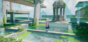 1girl 3d arm_at_side black_bow black_dress black_shoes bow column commentary day dress facing_away from_behind hair_bow high_heels highres ideun lily_pad long_hair long_sleeves original outdoors overgrown pillar pink_hair pool scenery shoes solo very_long_hair water waterfall wide_shot