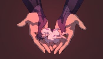 1boy 1girl absurdres aina_(mayexplode) bridal_gauntlets closed_eyes commentary curled_up english_commentary from_below from_side genshin_impact giant giantess highres holding holding_mini_person in_palm japanese_clothes male_focus mini_person miniboy mother_and_son no_mouth pov pov_crotch purple_hair raiden_shogun red_background scaramouche_(genshin_impact) scaramouche_(kabukimono)_(genshin_impact) shade short_hair simple_background size_difference sketch unfinished