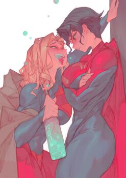 2girls against_wall animification assertive_female black_hair blonde_hair blue_bodysuit blue_eyes blush bodysuit bottle breasts bubble cape crossed_arms dc_comics dc_extended_universe dc_universe_(franchise) drunk face-to-face genderswap genderswap_(mtf) hand_on_wall height_difference highres holding holding_bottle huge_breasts kabedon large_breasts long_hair long_sleeves looking_at_another multicolored_bodysuit multiple_girls muscular muscular_female open_mouth rebigaki red_bodysuit red_cape short_hair size_difference skirt smile squeans supergirl superhero_costume superman superman_(2025) superman_(series) superman_logo teeth the_flash_(movie) thick_thighs thighs tongue tongue_out two-tone_bodysuit yuri