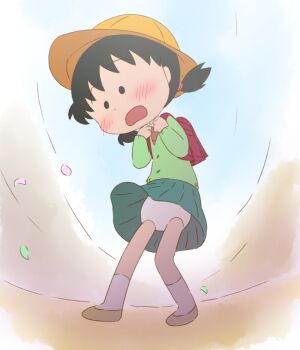 1girl backpack bag black_hair brown_shoes cardigan cherry_blossoms chibi_maruko-chan flat_chest green_cardigan green_skirt hat loli looking_down low_twintails panties petals pink_shirt randoseru sakura_sakiko school_uniform shirt shoes short_hair skirt socks standing twintails underwear upskirt white_panties white_socks wind wind_lift yamanokonza yellow_hat