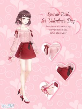 1girl artist_request bare_legs bare_shoulders black_bow blunt_bangs bow box box_of_chocolates bra_strap brown_eyes brown_hair close-up closed_mouth collarbone copyright_logo english_text eyelashes full_body hair_bow hair_ribbon happy heart heart-shaped_box heart_background high_heel_sandals high_heels holding holding_box light_blush lipstick logo long_sleeves looking_at_viewer makeup miniskirt miracle_nikki nikki_(series) no_socks off-shoulder_sweater off_shoulder official_art pink_background pink_bow pink_lips pink_ribbon pink_sweater plaid_bow pom_pom_(clothes) puffy_long_sleeves puffy_sleeves red_bow red_sandals red_skirt ribbon sandals short_hair skirt sleeve_bow sleeves_past_wrists smile solo standing sweater tareme third-party_source tress_ribbon two-tone_bow valentine waist_bow wavy_hair words_of_first_lovers_(miracle_nikki)