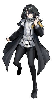 Rule 34 | 1girl, absurdres, arknights, arknights: endfield, black coat, black hair, black pantyhose, black shoes, black shorts, blue eyes, closed mouth, coat, commentary request, dated commentary, endministrator (arknights), female endministrator (arknights), full body, hand up, highres, korean commentary, light smile, long sleeves, looking at viewer, loveu, open clothes, open coat, pantyhose, shoes, short hair, short shorts, shorts, simple background, solo, split mouth, sweater, white background, white sweater