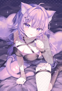 1girl absurdres ahoge animal_ear_fluff animal_ears asymmetrical_legwear breasts cat_ears cat_girl cat_tail cleavage closed_mouth collarbone commentary_request crop_top fingernails fishnet_pantyhose fishnet_thighhighs fishnets highres hololive large_breasts long_hair looking_at_viewer mismatched_legwear navel nekomata_okayu nekomata_okayu_(gyaru) official_alternate_costume official_alternate_hair_length official_alternate_hairstyle pantyhose purple_eyes purple_hair purple_pantyhose purple_scrunchie scrunchie short_shorts shorts single_leg_pantyhose single_thighhigh sitting solo stomach tail thighhighs tongue tongue_out torn_clothes torn_shorts uneven_legwear very_long_hair virtual_youtuber wariza white_shorts y_w_uuu