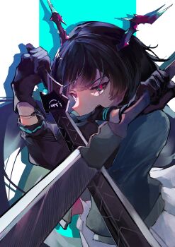 1girl absurdres arknights arknights:_endfield black_gloves black_hair blue_coat chen_qianyu_(arknights) coat commentary_request dragon_girl dragon_horns dual_wielding eastern_dragon_horns gloves green_eyes highres holding holding_sword holding_weapon horns long_hair looking_at_viewer open_clothes open_coat simple_background solo sword two-tone_background wawawa_chi weapon white_background