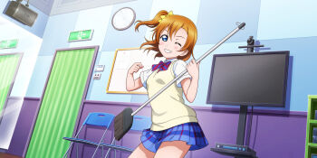 1girl analog_clock anime_coloring blue_eyes blue_skirt blush bow bowtie breasts broom brown_sweater_vest camera chair clock collared_shirt cowboy_shot diagonal-striped_bow diagonal-striped_bowtie diagonal-striped_clothes dress_shirt dutch_angle emergency_exit exit_sign folding_chair grin hair_bow hands_up highres holding holding_broom indoors kosaka_honoka looking_at_viewer love_live! love_live!_school_idol_festival_all_stars love_live!_school_idol_project medium_breasts medium_hair miniskirt monitor official_art one_eye_closed one_side_up orange_hair otonokizaka_school_uniform paper plaid_clothes plaid_skirt pleated_skirt red_bow red_bowtie school_uniform shelf shirt skirt smile solo speaker striped_bow striped_bowtie striped_clothes studio summer_uniform sweater_vest unconventional_guitar wall_clock white_shirt whiteboard yellow_bow