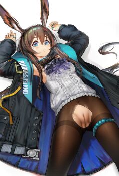 1girl absurdres amiya_(arknights) animal_ears aqua_eyes arknights arms_up ascot black_coat breasts brown_hair brown_pantyhose censored center_frills chinese_commentary closed_mouth coat commentary commentary_request english_commentary frilled_shirt frills hair_between_eyes highres irvinetope jewelry large_variant_set long_hair long_sleeves looking_at_viewer lying medium_breasts mixed-language_commentary mosaic_censoring no_panties no_pants on_back open_clothes open_coat pantyhose purple_ascot pussy rabbit_ears rabbit_girl rabbit_tail ring shirt simple_background sleeveless sleeveless_shirt solo straight_hair tail torn_clothes torn_pantyhose variant_set white_background white_shirt
