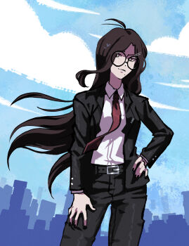 absurdres alternate_costume antenna_hair belt black_belt black_jacket black_nails black_pants blue_sky bright_pupils brown_hair building city closed_mouth cloud collared_shirt commentary cowboy_shot danganronpa_(series) danganronpa_another_episode:_ultra_despair_girls day english_commentary fingernails floating_hair formal_clothes fukawa_toko glasses hair_ornament hairclip hand_on_own_hip hand_on_own_leg highres jacket lily_(superkiiisa) long_hair long_sleeves mole mole_under_mouth nail_polish open_clothes open_jacket outdoors pants round_eyewear shirt sky smile suit suit_jacket white_pupils white_shirt