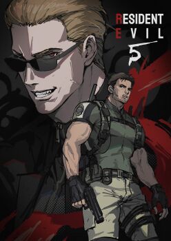 2boys absurdres albert_wesker beard_stubble black_gloves blonde_hair brown_hair chest_harness chris_redfield copyright_name facial_hair fingerless_gloves furrowed_brow gloves green_shirt grey_pants grin gun hair_slicked_back harness hashtag-only_commentary highres holding holding_gun holding_weapon holster male_focus multiple_boys muscular muscular_male pants parted_lips red_eyes resident_evil resident_evil_5 shirt short_hair singrairiedog smile stubble sunglasses teeth thigh_holster weapon