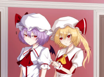 2girls ascot bat_wings blonde_hair crystal_wings flandre_scarlet hat hat_ribbon highres looking_at_another merihari07 mob_cap multiple_girls open_mouth puffy_short_sleeves puffy_sleeves purple_hair red_eyes remilia_scarlet ribbon shirt short_hair short_sleeves siblings side_ponytail sisters touhou upper_body vest wings yellow_ascot