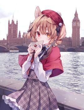 1girl animal_ears beret black_bow black_ribbon blonde_hair blush bow bridge capelet cat_ears cat_girl collared_shirt commentary_request cowboy_shot day double-parted_bangs elizabeth_tower frilled_skirt frills grey_skirt hair_between_eyes hair_bow hat heripiro heterochromia highres holding holding_letter letter london long_sleeves looking_at_viewer mixed_media neck_ribbon original outdoors photo_background plaid_clothes plaid_hat plaid_skirt pleated_skirt red_capelet red_eyes red_hat ribbon river shirt short_hair skirt solo two_side_up white_shirt yellow_eyes