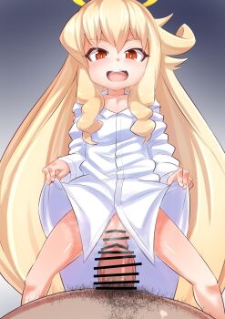 1girl angel angelia_avallone aq_interactive arcana_heart atlus bar_censor blonde_hair bottomless censored clothes_lift examu flat_chest hairy halo highres imminent_penetration imminent_vaginal loli long_hair naked_shirt penis popporunga pussy red_eyes shirt shirt_lift smile spread_legs standing very_long_hair