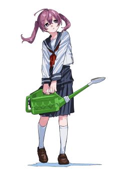 1girl ahoge bag closed_umbrella commentary_request full_body hair_between_eyes highres holding holding_umbrella kneehighs loafers long_hair long_sleeves looking_at_viewer original pleated_skirt purple_hair sailor_collar school_bag school_uniform serafuku shirt shoes skirt socks solo standing twintails umbrella white_background yuu_choko