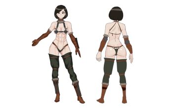 Rule 34 | 1girl, abs, armor, ass, back, bikini armor, black eyes, black hair, bob cut, boots, breasts, brown gloves, closed mouth, dovahkiin, elbow gloves, full body, gloves, large breasts, multiple views, muscular, muscular female, navel, nisetanaka, short hair, simple background, solo, standing, stomach, the elder scrolls, the elder scrolls v: skyrim, tomboy, white background