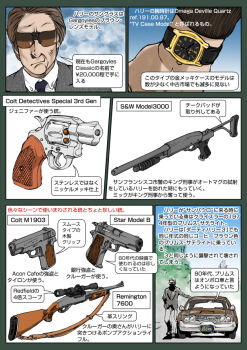 Rule 34 | 1boy, brown hair, car, colt's manufacturing company, colt detective special, colt model 1903 pocket hammerless, day, dirty harry (series), english text, gun, hammerless, hammerless handgun, hammerless pistol, handgun, harry callahan, japanese text, looking at viewer, motor vehicle, muta koji, outdoors, pistol, pocket pistol, pump-action rifle, pump-action shotgun, remington arms, remington model 7600, revolver, rifle, s&amp;w model 3000, shotgun, smith &amp; wesson, star bonifacio echeverria, star model b, story time (muta koji), sudden impact, sunglasses, translation request, watch, weapon, weapon focus, weapon name, weapon profile