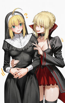 2girls absurdres ahoge artoria_pendragon_(fate) black_dress black_thighhighs blonde_hair blush breasts cleavage dress fate/stay_night fate_(series) green_eyes highres kamisato_sora long_sleeves medium_hair multiple_girls open_mouth popped_collar red_skirt saber_(fate) saber_alter sidelocks skirt smile thighhighs thighs yellow_eyes