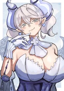 1girl breasts cleavage closed_mouth demon_girl demon_horns demon_wings detached_collar dress drill_hair duel_monster earrings gloves grey_eyes grey_hair hair_between_eyes horns ishii_(young-moon) jewelry large_breasts looking_at_viewer lovely_labrynth_of_the_silver_castle pointy_ears smile solo strapless strapless_dress transparent_wings twin_drills upper_body white_gloves wings yu-gi-oh!