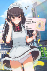 Rule 34 | 1girl, apron, black dress, black hair, bow, brown eyes, building, day, dress, embarrassed, hand up, highres, holding, holding sign, lakuha (dwtk2424), maid, maid apron, original, outdoors, panties, pantyshot, railing, red bow, short sleeves, sign, solo, sweatdrop, underwear, white panties, wind, wind lift