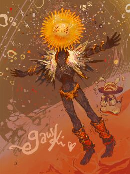 2boys blindfold bracelet brother_corhyn_(elden_ring) brown_background brown_robe cape colored_skin commentary crying elden_ring emaciated english_commentary facing_viewer floating gawki gold_bracelet goldmask's_mask goldmask_(elden_ring) gradient_background grey_skin highres jewelry leg_warmers light_particles loincloth male_focus mask multiple_boys outstretched_arms red_background robe t-pose teardrop wheel white_cape yellow_leg_warmers