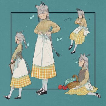 1girl alternate_costume alternate_hairstyle animal_ears apple apron black_footwear black_hair blunt_bangs blush braid brown_vest bug butterfly butterfly_on_nose casual closed_eyes eating extra_ears food fruit high_collar highres insect kemono_friends long_hair long_skirt mary_janes multicolored_hair multiple_views picnic_basket plaid_clothes plaid_skirt plains_zebra_(kemono_friends) sandwich shimazoenohibi shoes sitting skirt socks sweater two-tone_hair vest white_apron white_hair white_socks yellow_sweater zebra_ears zebra_girl zebra_tail