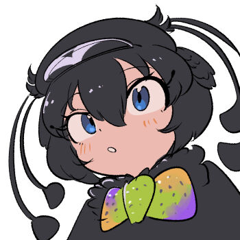 1girl bird_girl bird_wings black_cloak black_hair blue_eyes blush bow bowtie cloak feathered_wings hat head_wings kemono_friends looking_at_viewer mcgunngu short_hair simple_background solo upper_body western_parotia_(kemono_friends) wings yellow_bow yellow_bowtie