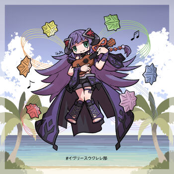 1girl :3 beach black_shorts blunt_bangs boots border dot_nose duel_monster floating full_body green_eyes highres ib_(yu-gi-oh!) ikuya_(mzns198) instrument knightmare_corruptor_iblee lee_(yu-gi-oh!) leg_ribbon long_hair music musical_note ocean open-toe_boots orange_ribbon outdoors playing_instrument purple_boots purple_hair ribbon shorts signature solo thigh_ribbon translation_request ukulele yu-gi-oh!