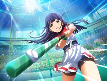 Rule 34 | 1girl, ball, baseball bat, basketball (object), basketball jersey, black shorts, blue eyes, blue hair, blunt bangs, blunt ends, blurry, blurry foreground, day, dutch angle, floating hair, game cg, grin, holding, holding baseball bat, long hair, looking at viewer, official art, pleated skirt, shirt, short sleeves, shorts, shorts under skirt, shoujo kageki revue starlight, shoujo kageki revue starlight -re live-, skirt, smile, solo, standing, sunlight, tsuyuzaki mahiru, two-handed, upper body, v-shaped eyebrows, white shirt, white skirt