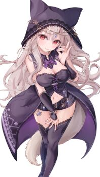 Rule 34 | 1girl, animal ear headwear, animal ears, belt, black belt, black shorts, black thighhighs, black veil, blue gem, blush, bow, bowtie, breasts, brown hair, cape, cleavage, closed mouth, commentary request, crop top, detached collar, fake animal ears, fox ears, fox girl, fox shadow puppet, fox tail, gem, hand on own thigh, hand up, headpiece, highres, indie virtual youtuber, lace, lace-trimmed thighhighs, lace-trimmed veil, lace trim, long hair, looking at viewer, medium breasts, midriff, minausa, nail polish, navel, purple bow, purple bowtie, purple nails, red eyes, ribbon-trimmed thighhighs, ribbon trim, short shorts, shorts, sidelocks, simple background, smile, solo, standing, tail, thighhighs, thighs, two-sided cape, two-sided fabric, uisato hazuki, veil, very long hair, virtual youtuber, wavy hair, white background