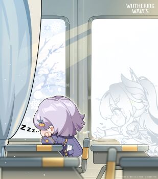 Rule 34 | 2girls, :q, absurdres, aemeath (wuthering waves), cellphone, commentary, desk, elbow gloves, english commentary, from side, ghost, gloves, grey hair, hair ornament, highres, incoming call, indoors, jacket, logo, long hair, multiple girls, official art, phone, ponytail, purple jacket, school desk, sleeping, smartphone, tongue, tongue out, wuthering waves, zzz