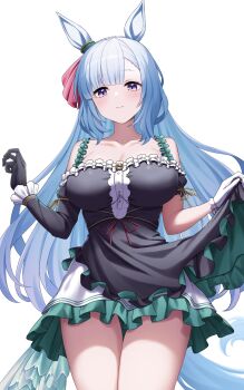 Rule 34 | 1girl, absurdres, alan (210bush), animal ears, asymmetrical sleeves, bare shoulders, black dress, black gloves, blue eyes, braid, breasts, cleavage, closed mouth, collarbone, commentary, cowboy shot, crown braid, dress, ear ornament, gloves, hands up, head tilt, highres, horse ears, horse girl, large breasts, layered dress, long hair, long sleeves, looking at viewer, mejiro ardan (clinochlore line) (umamusume), mejiro ardan (umamusume), puffy short sleeves, puffy sleeves, purple eyes, short sleeves, simple background, skirt hold, smile, solo, umamusume, very long hair, white background, white dress, white gloves